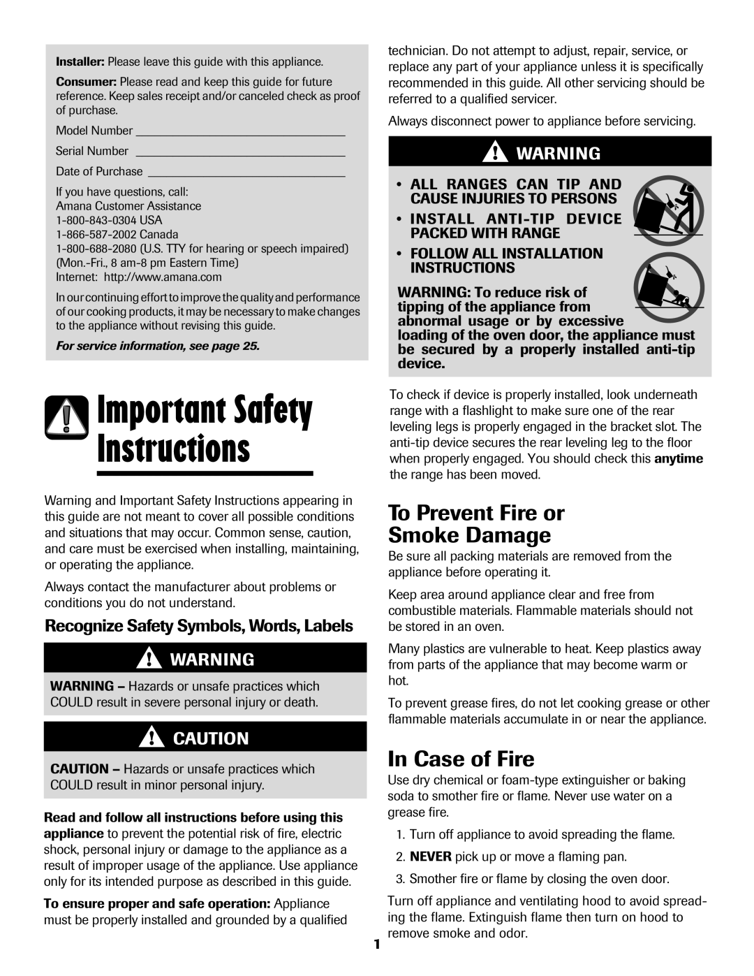 Amana 8113P487-60 Instructions, Important Safety, To Prevent Fire or Smoke Damage, In Case of Fire 