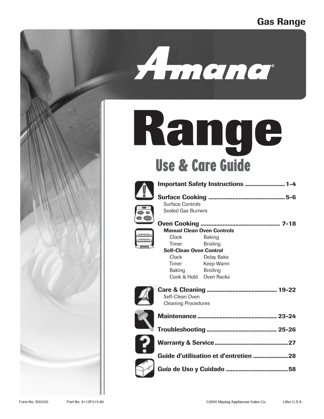 Amana 8113P515-60 manual Gas Range, Important Safety Instructions, Oven Cooking, Care & Cleaning 19-22 