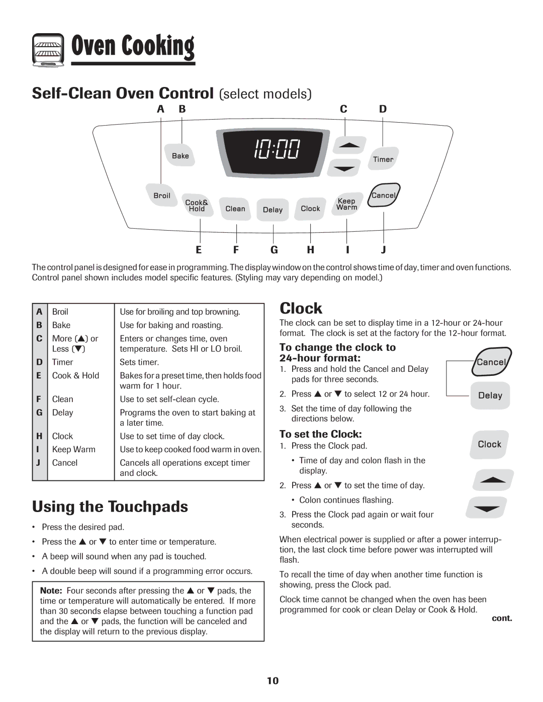 Amana 8113P515-60 manual Self-Clean Oven Control select models, Clock, Bc D G H I J, To change the clock to Hour format 