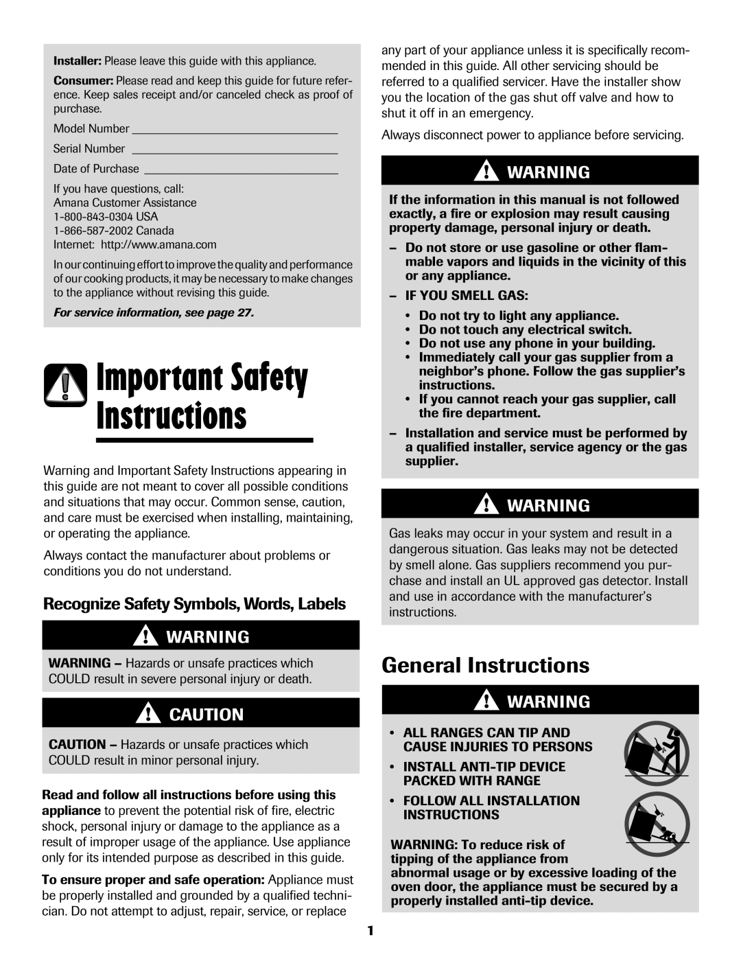 Amana 8113P515-60 manual General Instructions, Recognize Safety Symbols, Words, Labels 