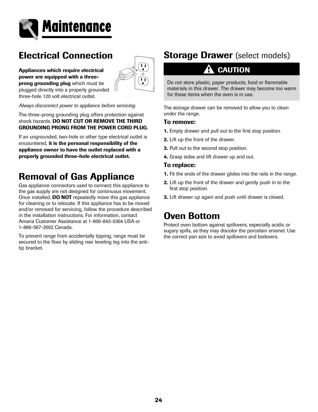 Amana 8113P515-60 manual Electrical Connection, Removal of Gas Appliance, Storage Drawer select models 