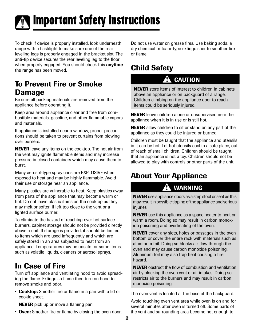 Amana 8113P515-60 manual Important Safety Instructions, To Prevent Fire or Smoke Damage, Case of Fire, Child Safety 