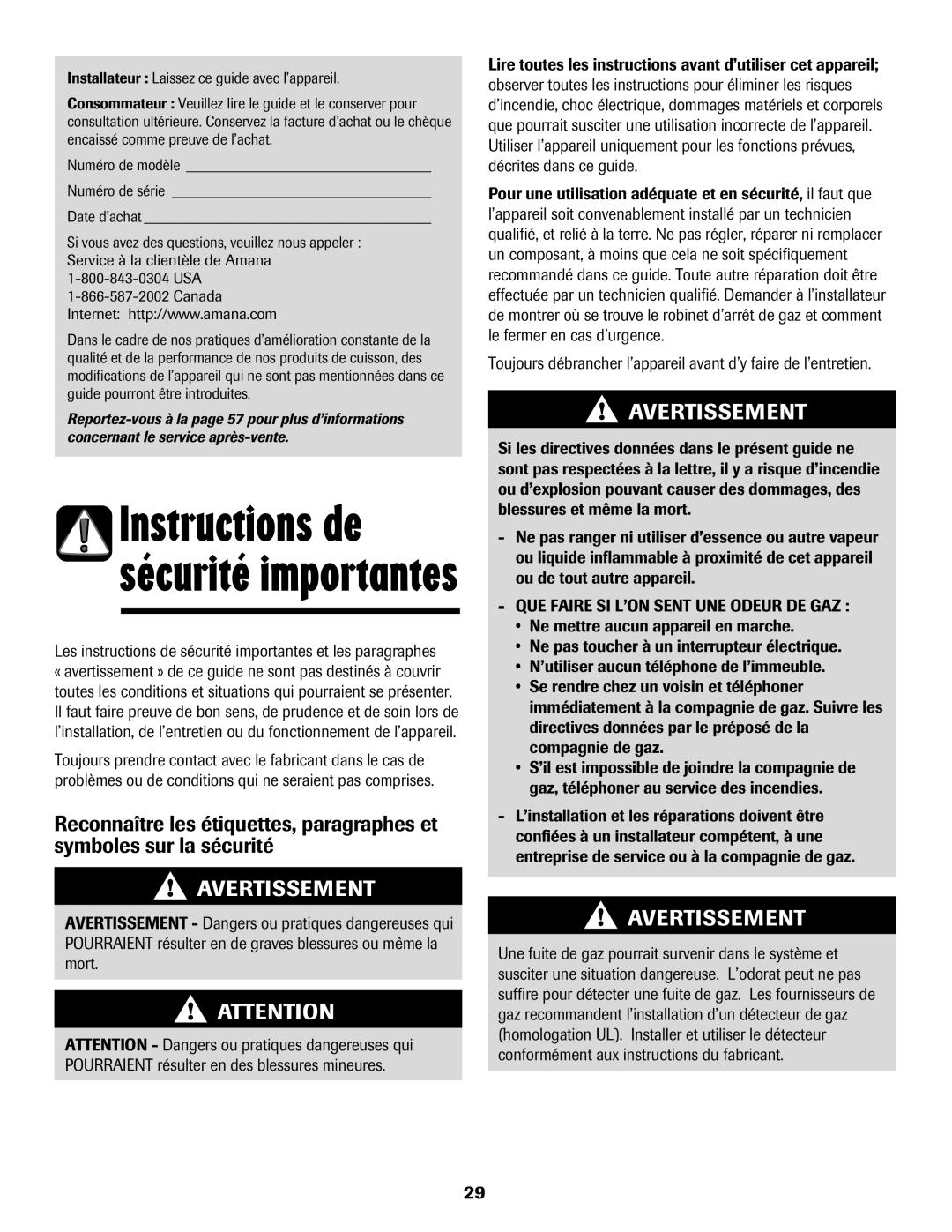 Amana 8113P515-60 manual Instructions de sécurité importantes, Les instructions de sécurité importantes et les paragraphes 