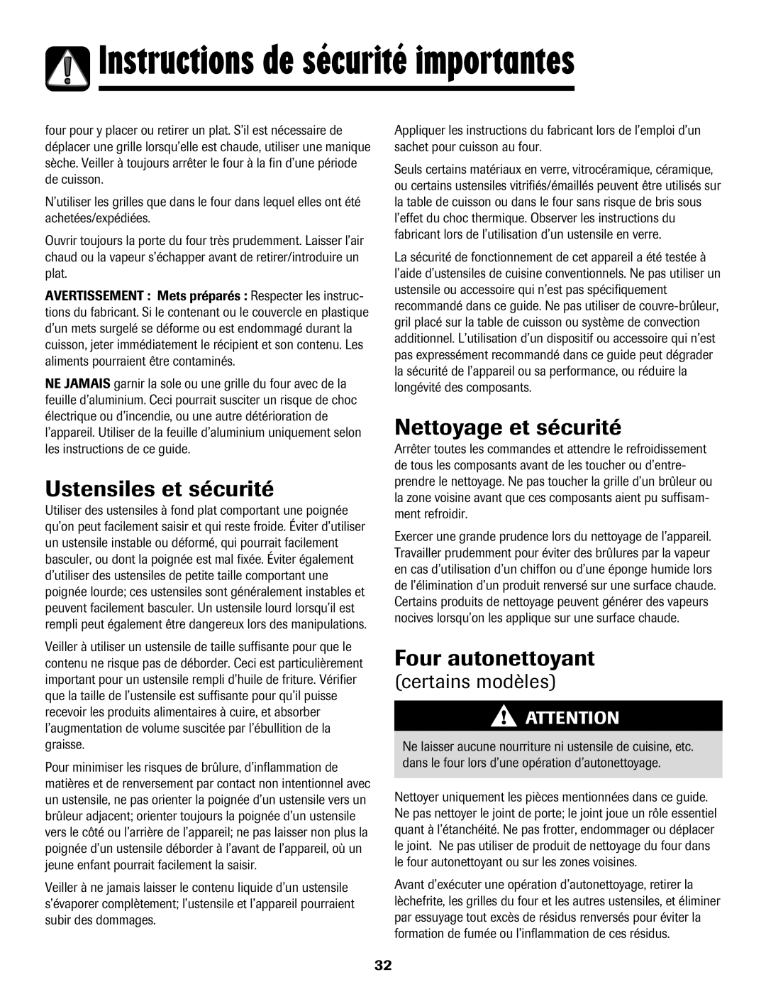 Amana 8113P515-60 manual Ustensiles et sécurité, Nettoyage et sécurité, Four autonettoyant 