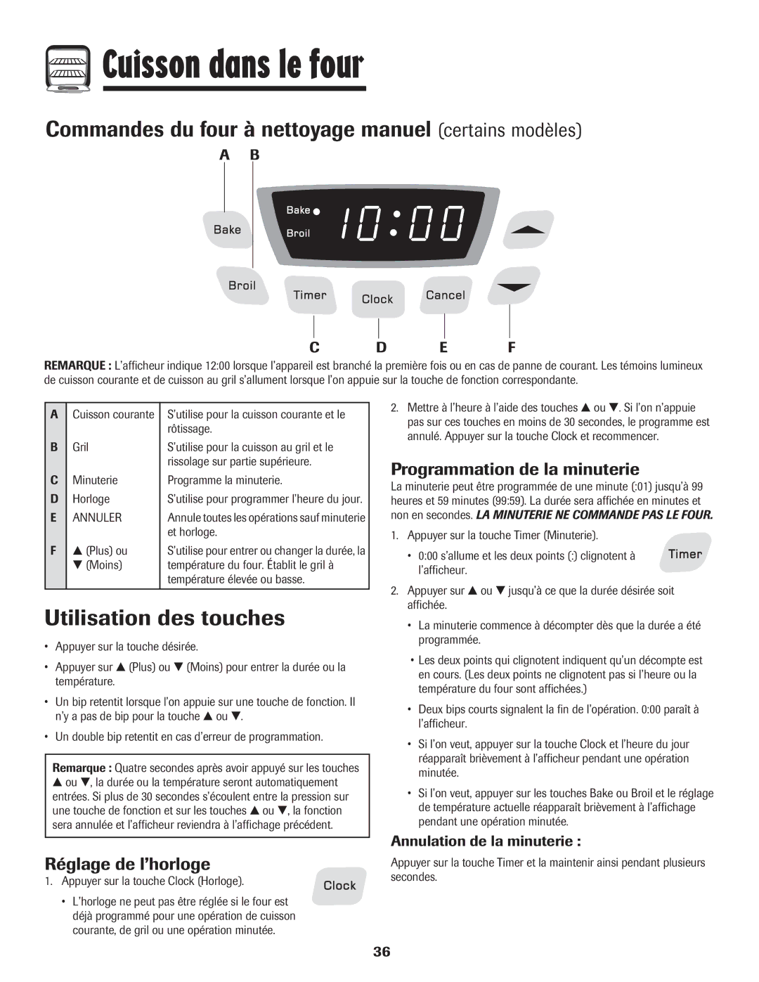 Amana 8113P515-60 Cuisson dans le four, Commandes du four à nettoyage manuel certains modèles, Utilisation des touches 