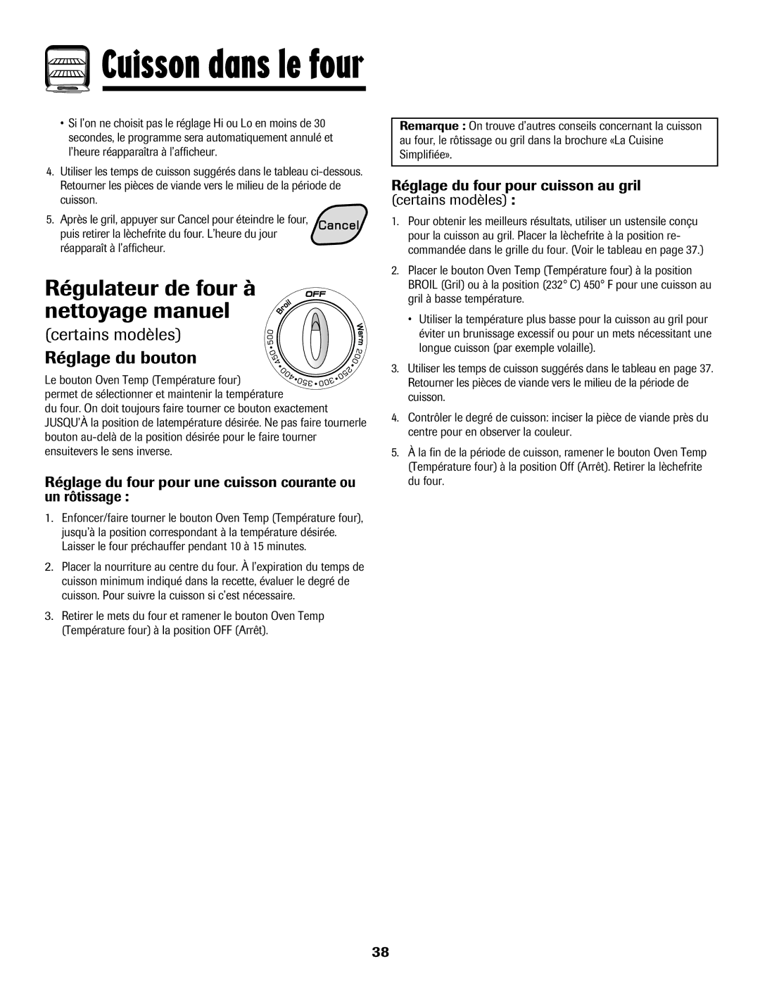 Amana 8113P515-60 manual Régulateur de four à nettoyage manuel, Certains modèles Réglage du bouton 