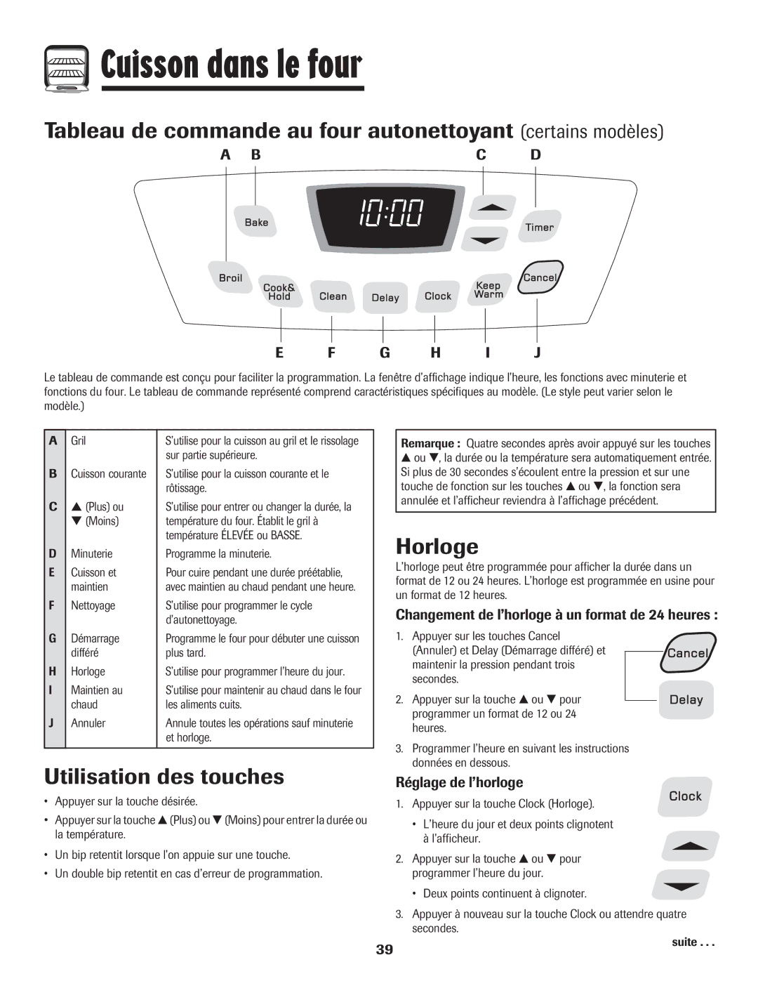 Amana 8113P515-60 manual Tableau de commande au four autonettoyant certains modèles, Horloge, Réglage de l’horloge 