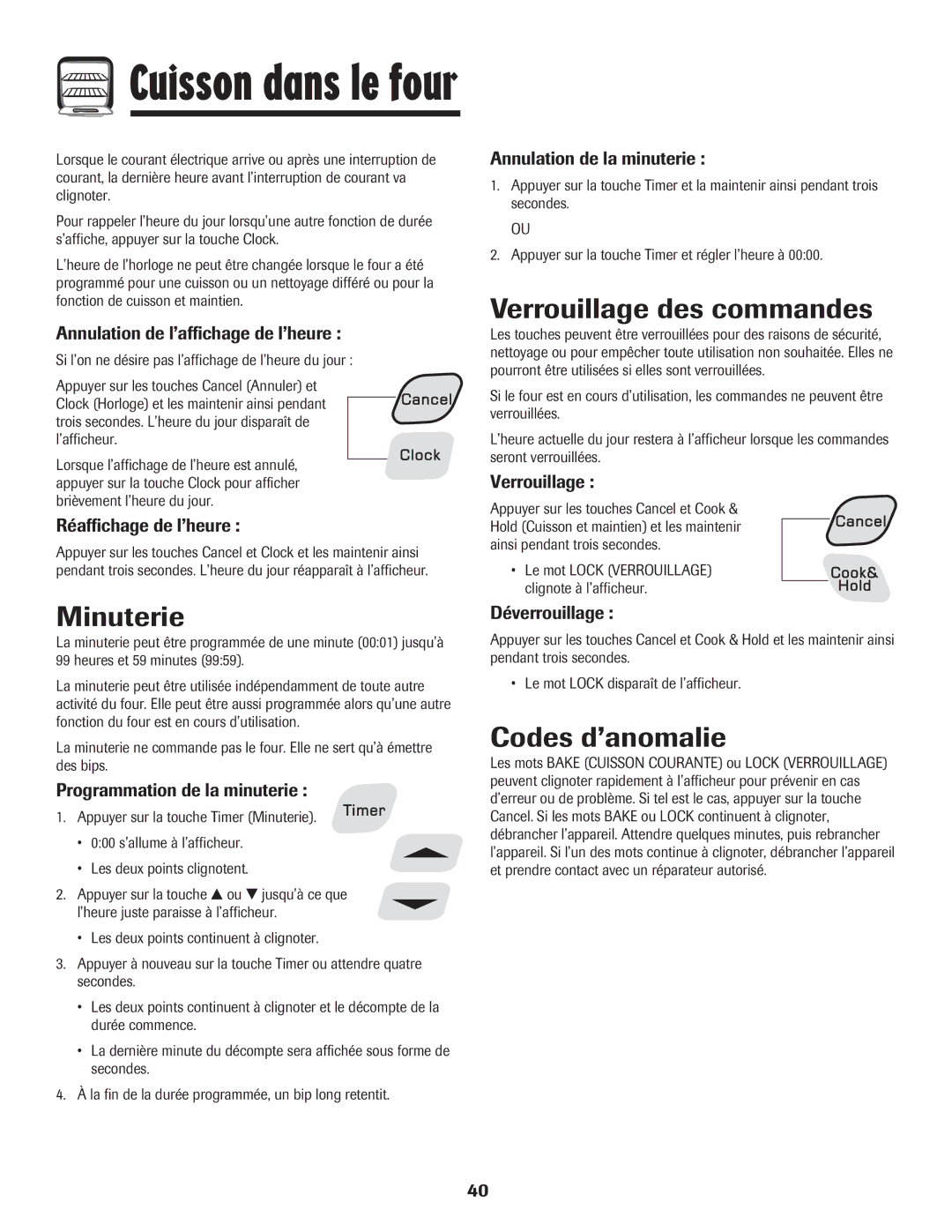 Amana 8113P515-60 manual Minuterie, Verrouillage des commandes, Codes d’anomalie 