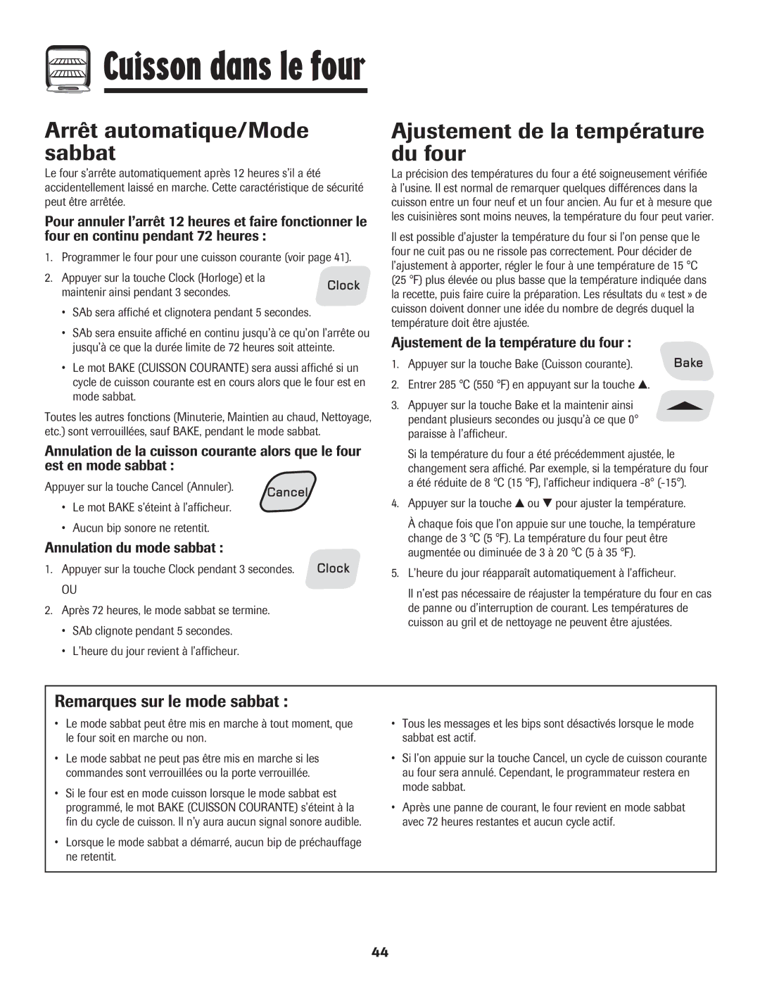 Amana 8113P515-60 manual Arrêt automatique/Mode sabbat, Ajustement de la température du four, Remarques sur le mode sabbat 