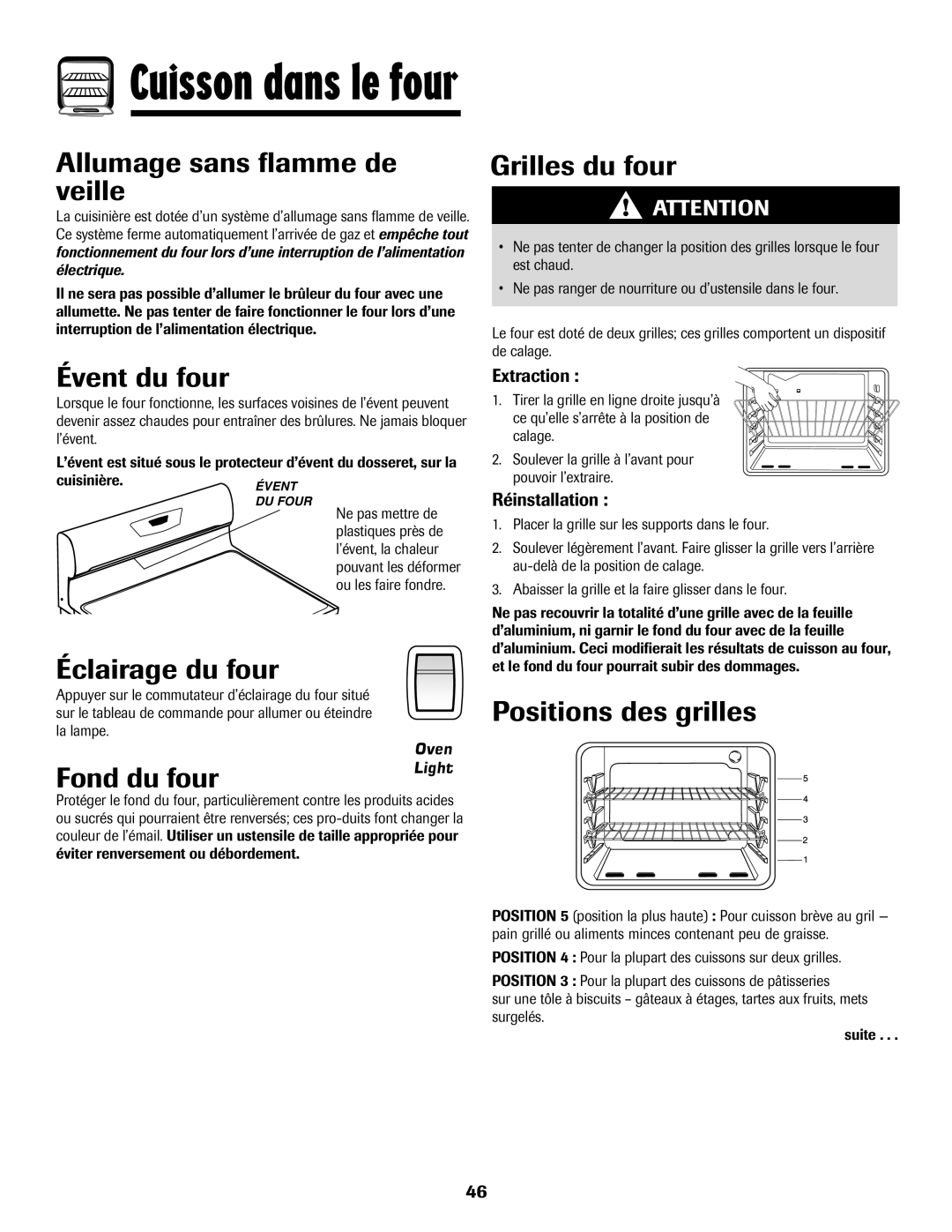 Amana 8113P515-60 manual Évent du four, Éclairage du four, Fond du four, Grilles du four, Positions des grilles 