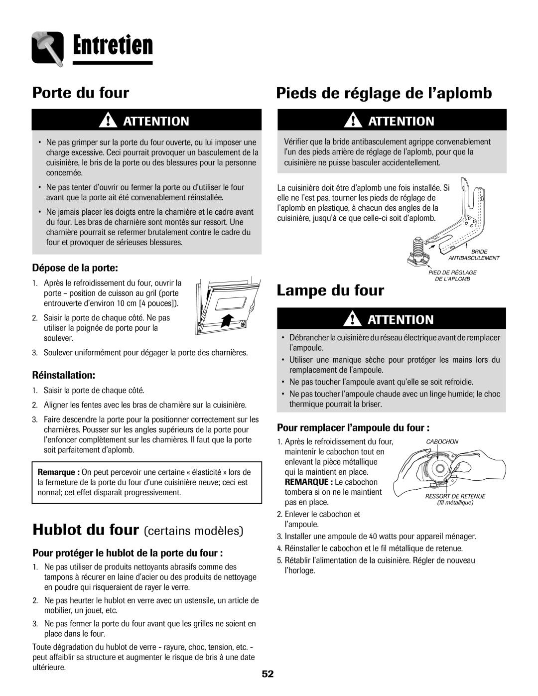 Amana 8113P515-60 Entretien, Porte du four Pieds de réglage de l’aplomb, Lampe du four, Hublot du four certains modèles 