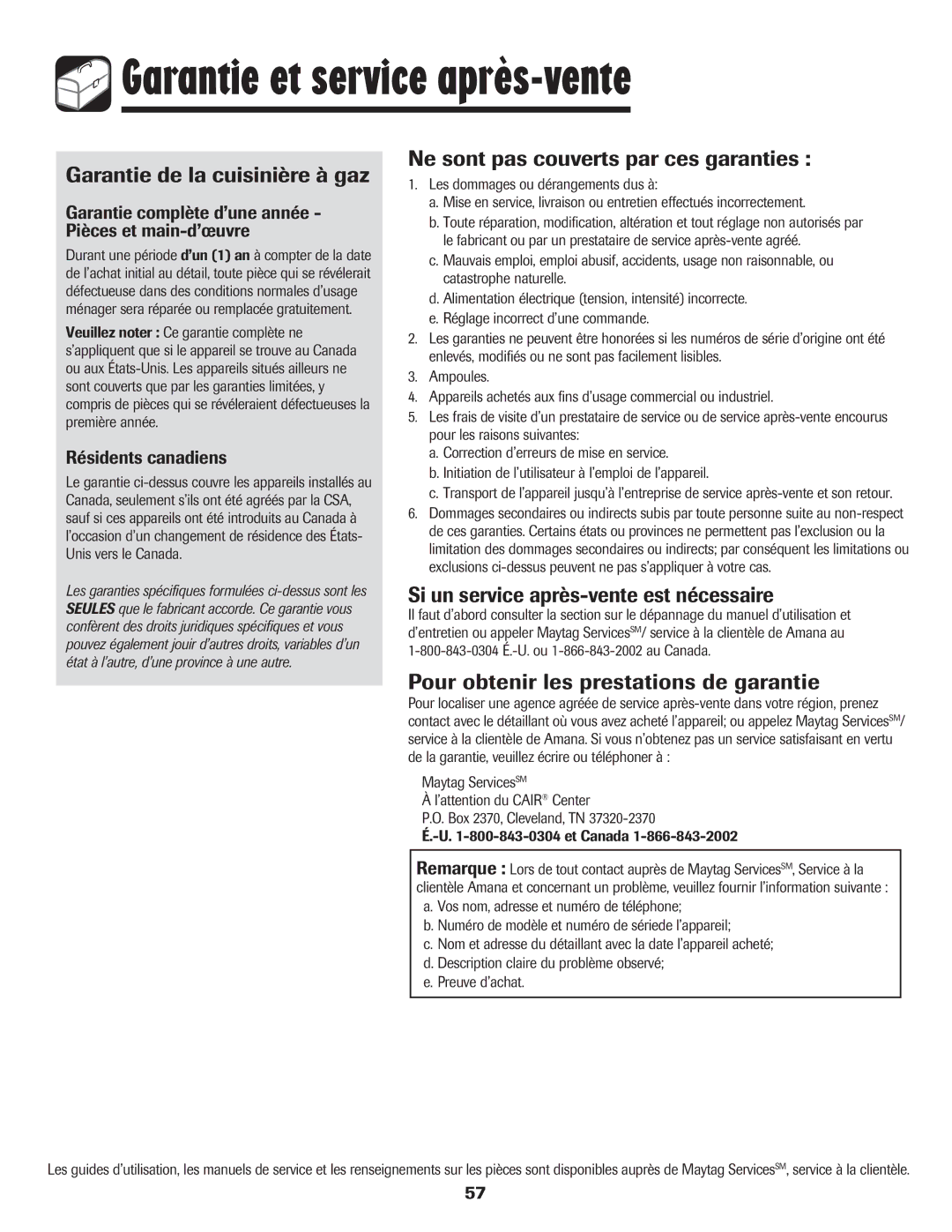 Amana 8113P515-60 Garantie et service après-vente, Garantie de la cuisinière à gaz, Ne sont pas couverts par ces garanties 