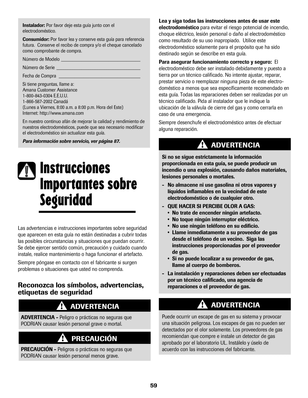 Amana 8113P515-60 manual Instrucciones, Seguridad, Canadá 