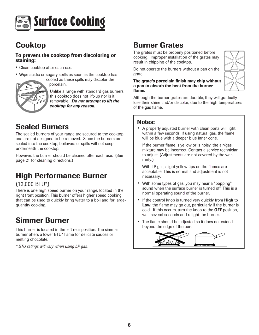 Amana 8113P515-60 manual Cooktop, Burner Grates, Sealed Burners, High Performance Burner, Simmer Burner 