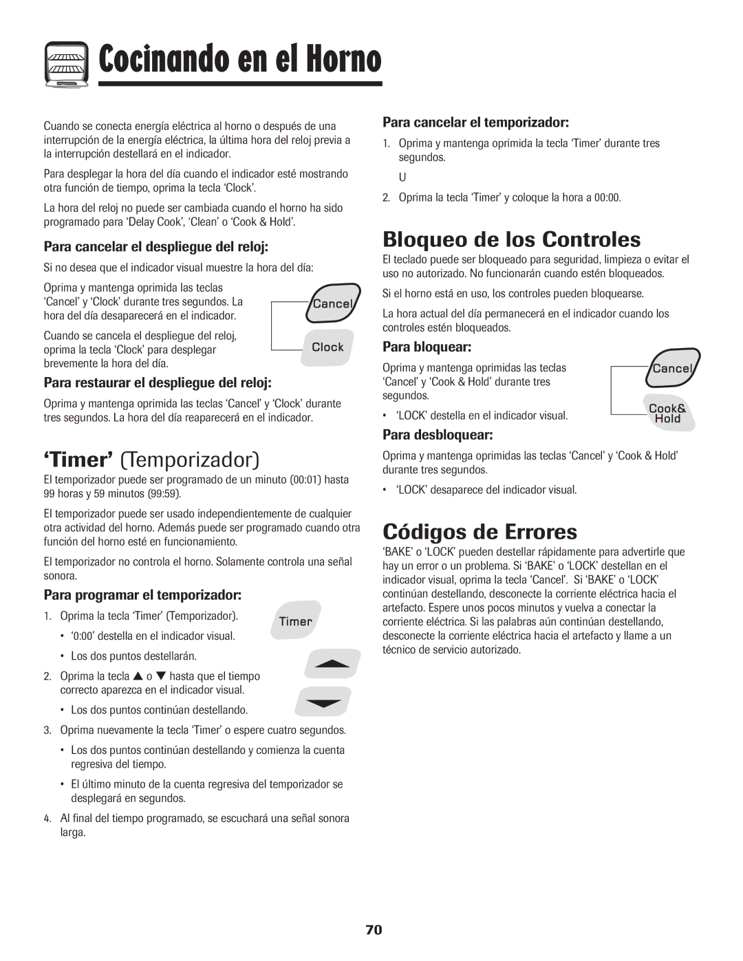 Amana 8113P515-60 manual ‘Timer’ Temporizador, Bloqueo de los Controles, Códigos de Errores 