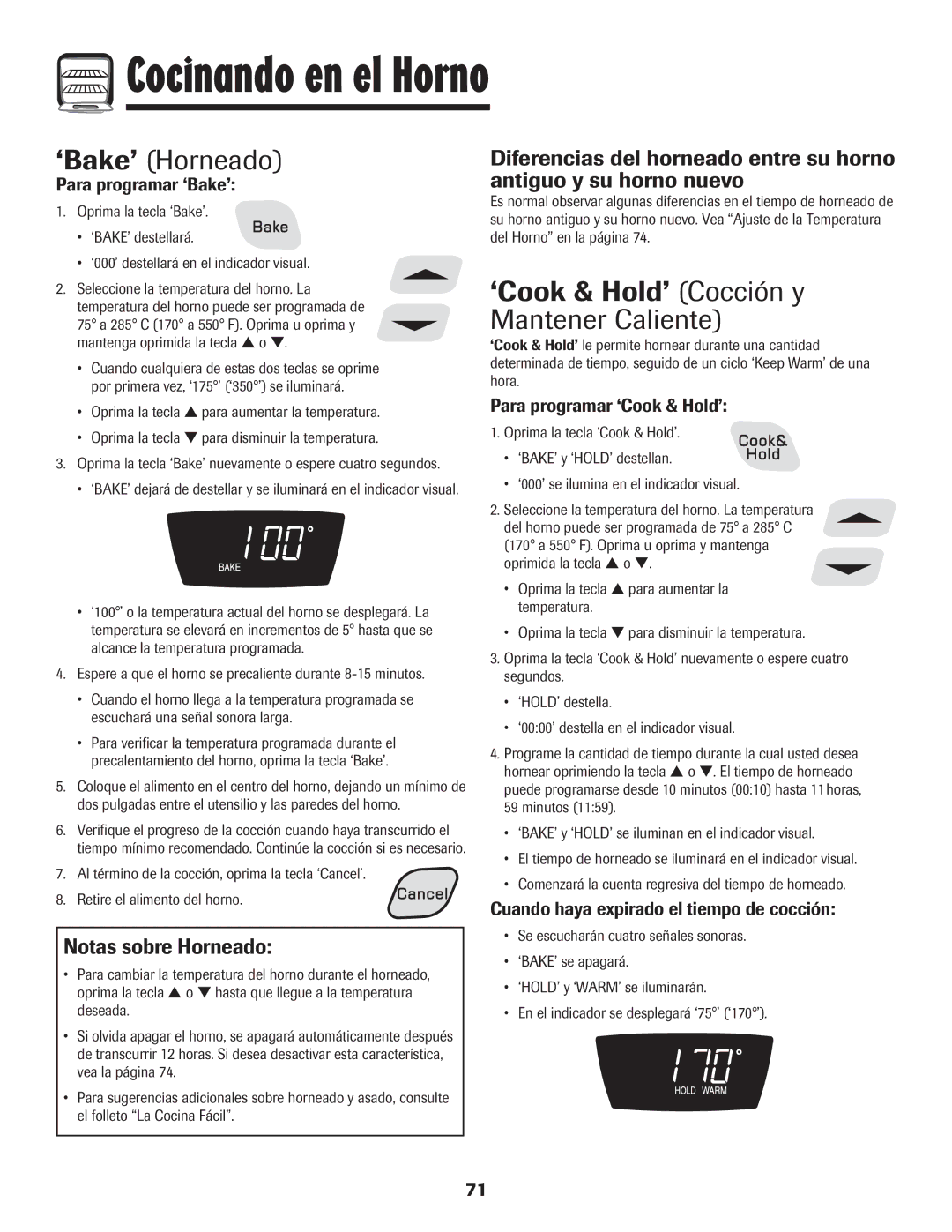 Amana 8113P515-60 manual ‘Bake’ Horneado, ‘Cook & Hold’ Cocción y Mantener Caliente, Notas sobre Horneado 