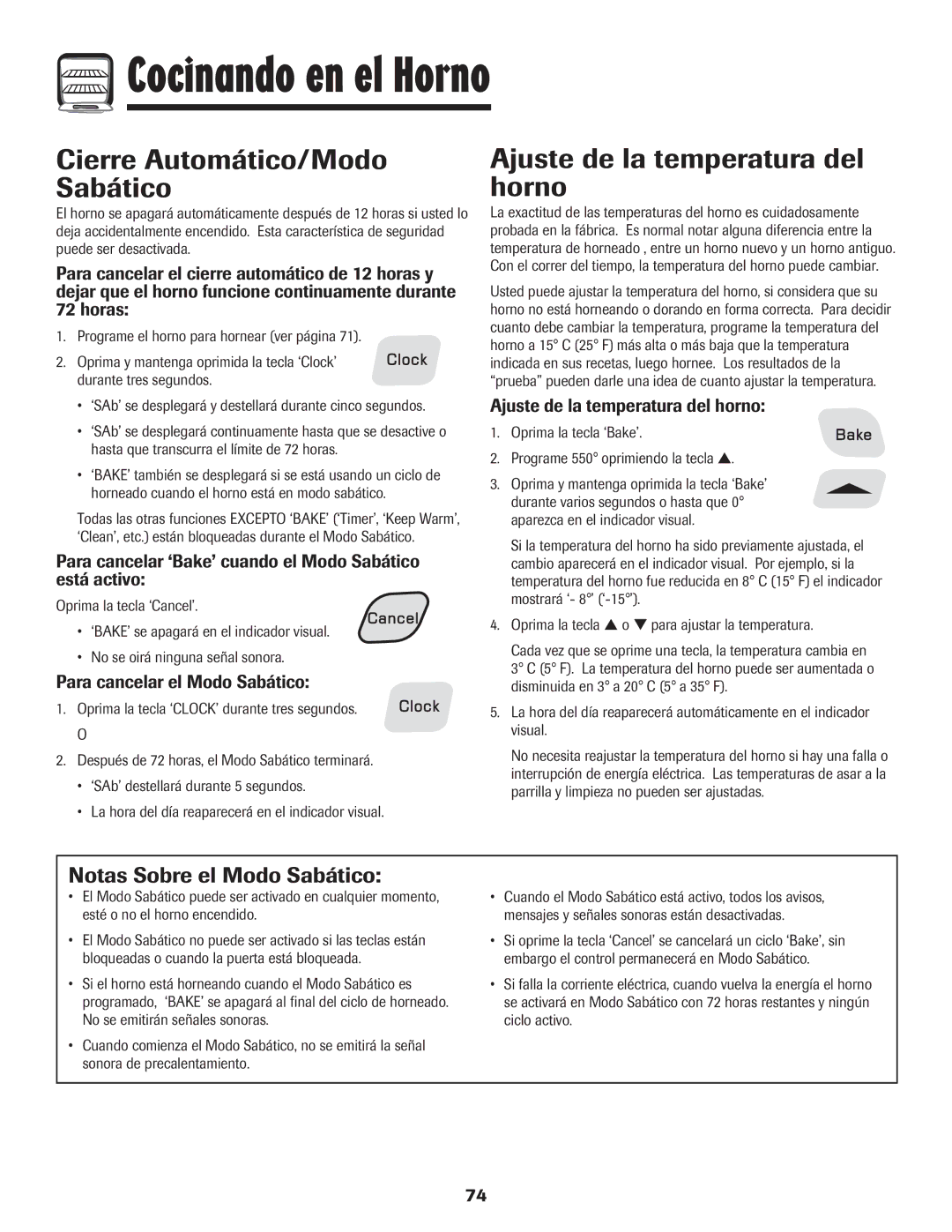 Amana 8113P515-60 manual Cierre Automático/Modo Sabático, Ajuste de la temperatura del horno, Notas Sobre el Modo Sabático 