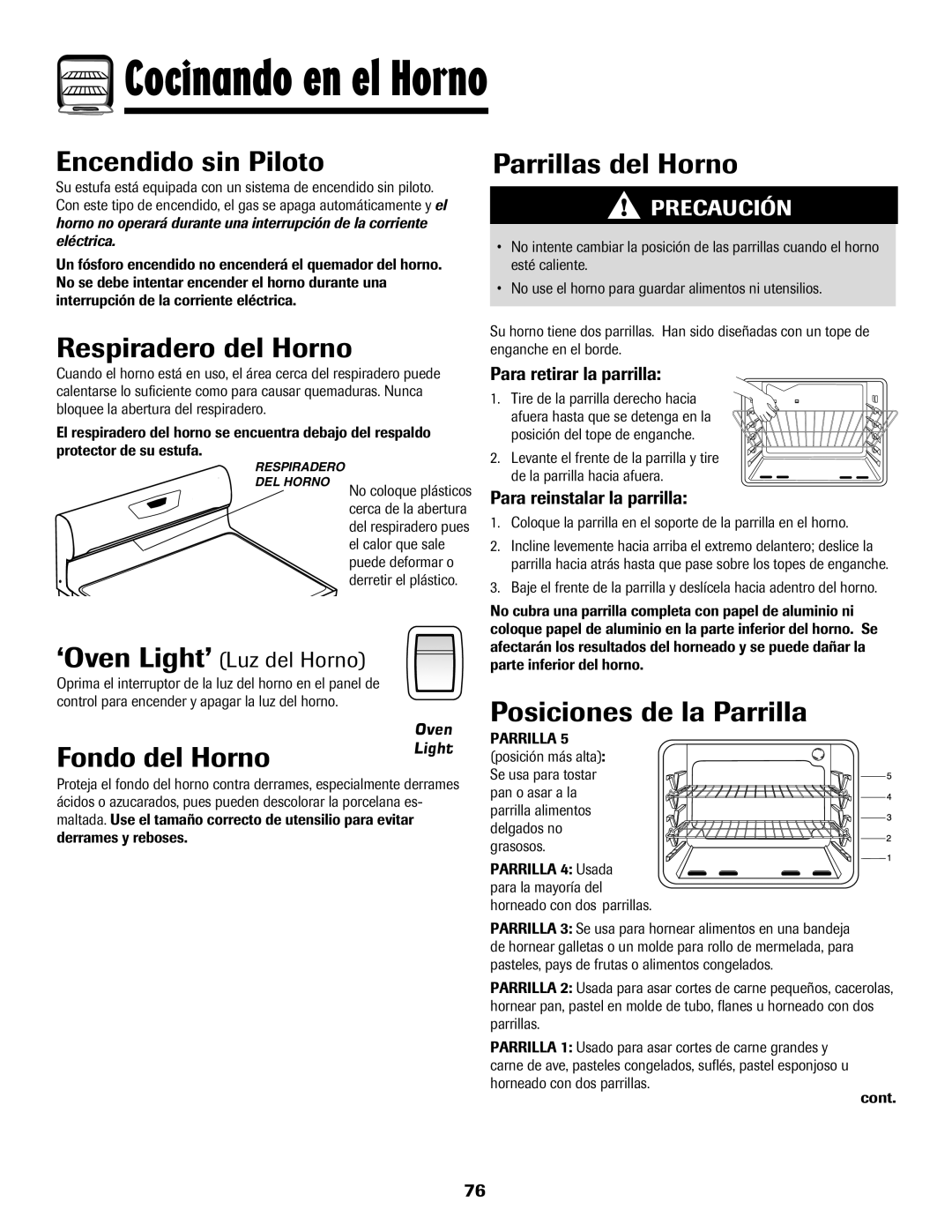 Amana 8113P515-60 manual Respiradero del Horno, Fondo del Horno, Parrillas del Horno, Posiciones de la Parrilla 