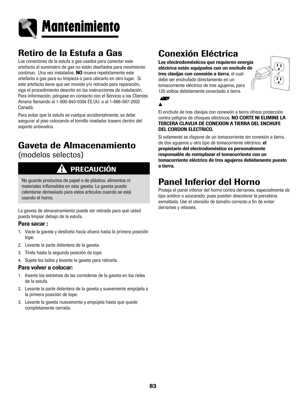 Amana 8113P515-60 manual Retiro de la Estufa a Gas, Gaveta de Almacenamiento, Conexión Eléctrica, Panel Inferior del Horno 