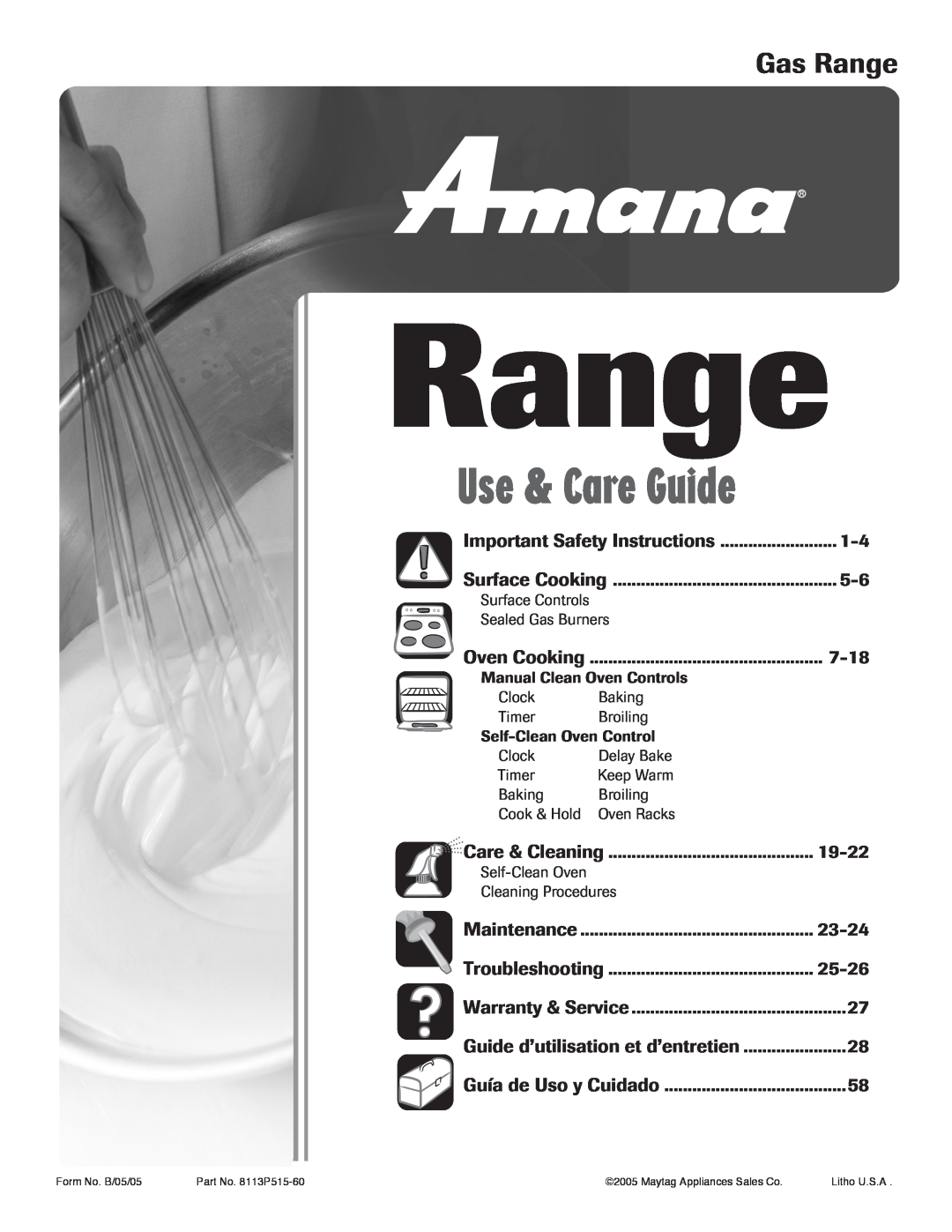 Amana 8113P515-60 manual Gas Range, Use & Care Guide 