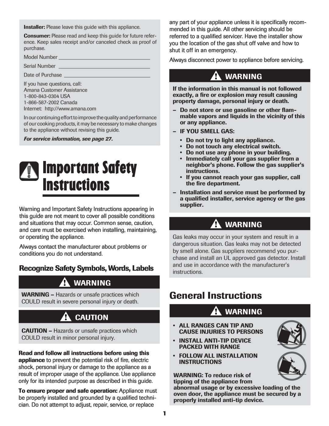 Amana 8113P515-60 manual Important Safety, General Instructions, Recognize Safety Symbols, Words, Labels 
