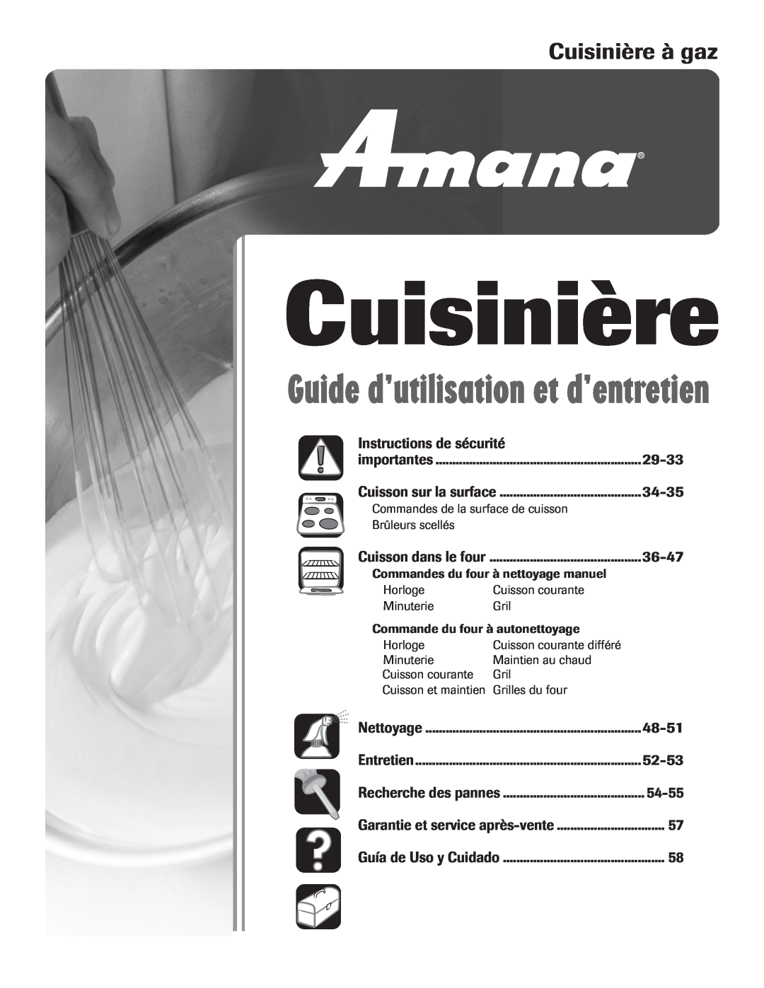 Amana 8113P515-60 manual Cuisinière à gaz, Instructions de sécurité, 29-33, 34-35, 36-47, 48-51, 52-53, 54-55 