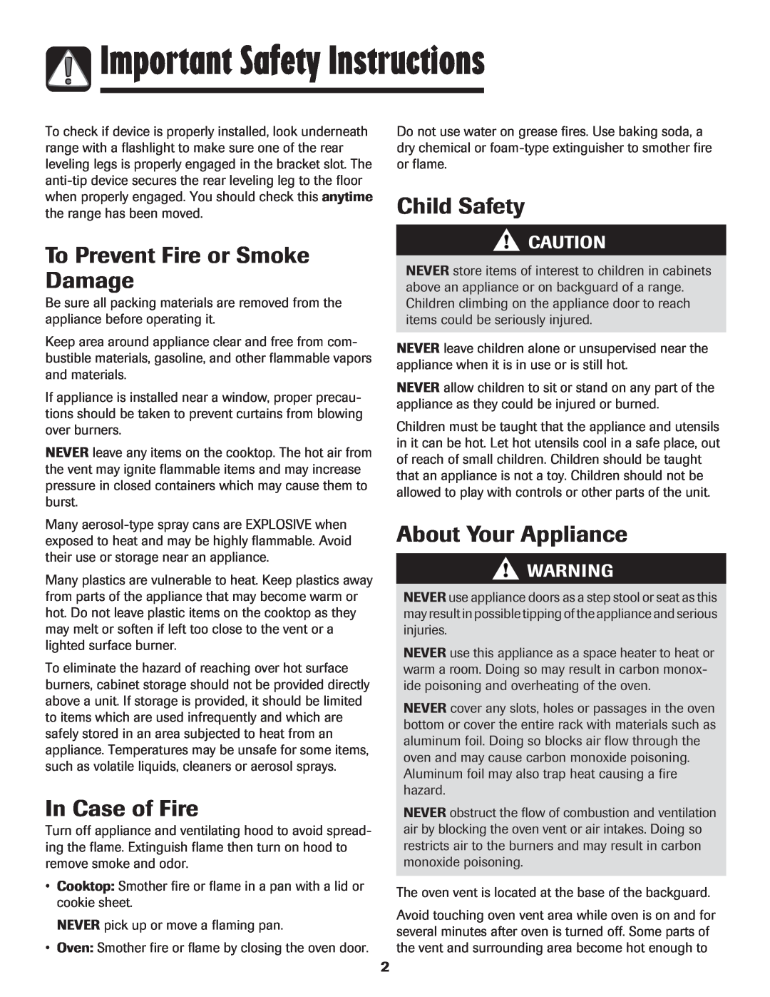 Amana 8113P515-60 manual Important Safety Instructions, To Prevent Fire or Smoke Damage, In Case of Fire, Child Safety 