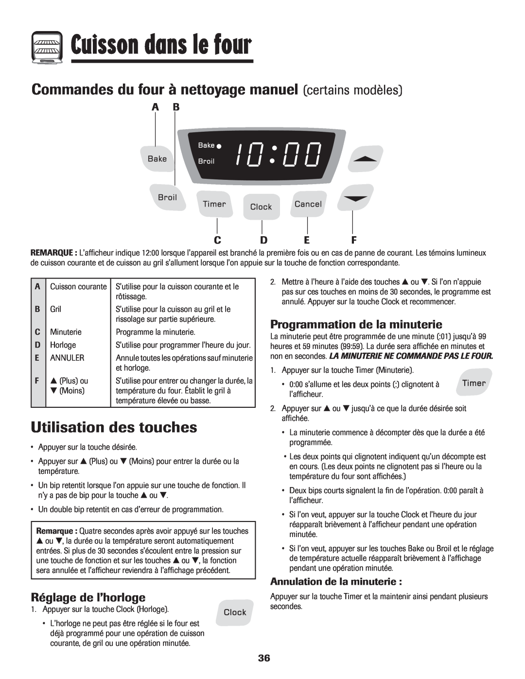 Amana 8113P515-60 manual Cuisson dans le four, Utilisation des touches, Programmation de la minuterie, Réglage de l’horloge 