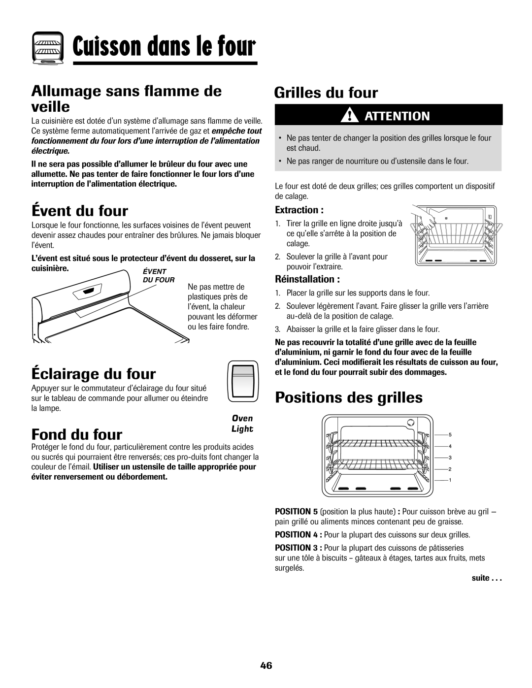 Amana 8113P515-60 manual Évent du four, Éclairage du four, Fond du four, Grilles du four, Positions des grilles, Extraction 