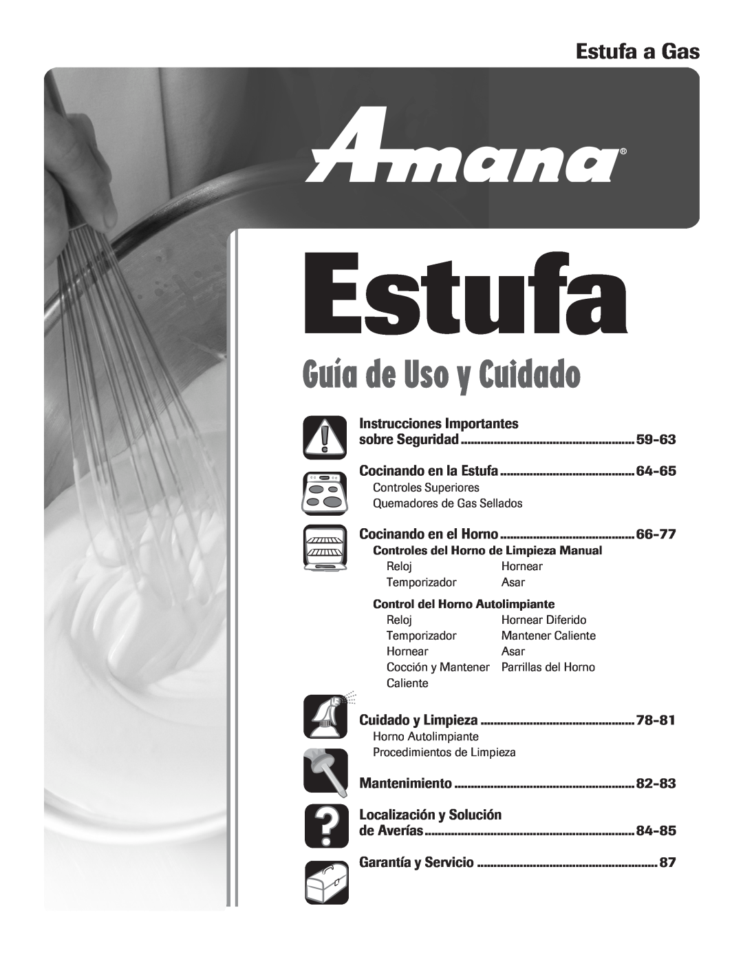 Amana 8113P515-60 Estufa a Gas, Instrucciones Importantes, 59-63, 64-65, 78-81, 82-83, Localización y Solución, 84-85 