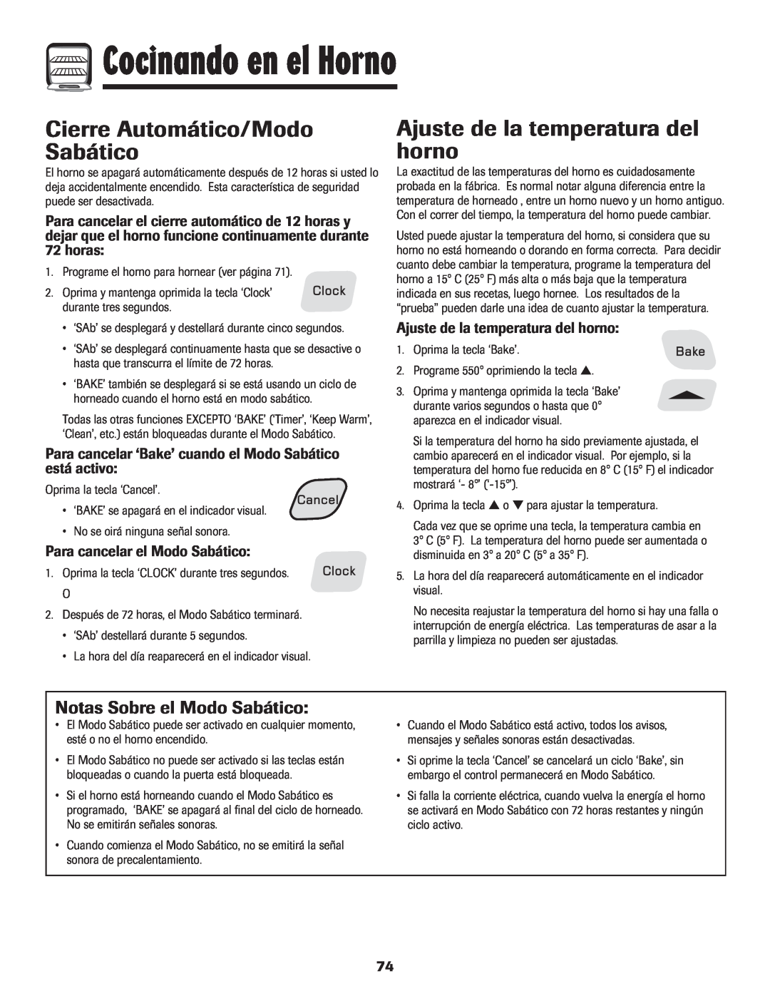 Amana 8113P515-60 Cierre Automático/Modo Sabático, Ajuste de la temperatura del horno, Notas Sobre el Modo Sabático, horas 