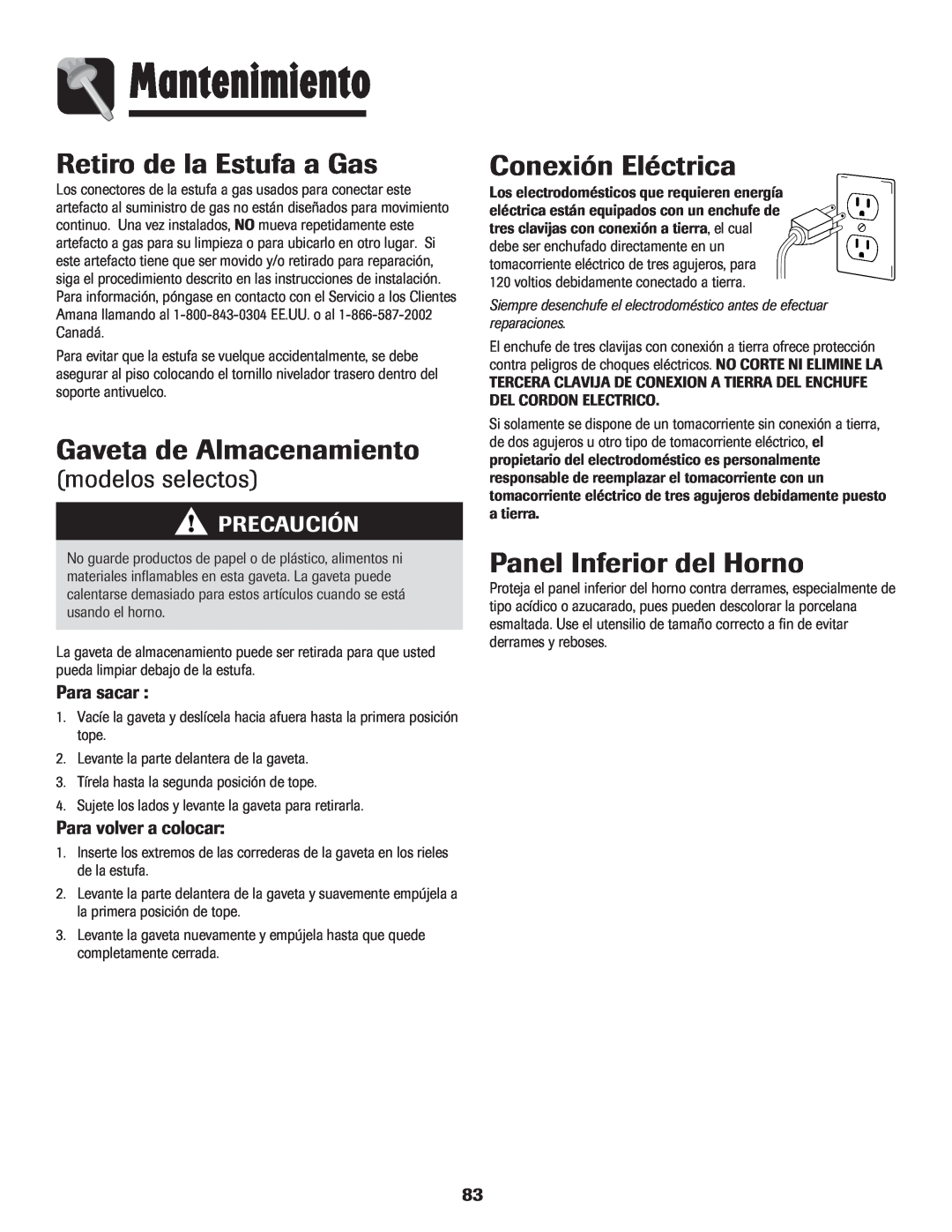 Amana 8113P515-60 manual Retiro de la Estufa a Gas, Gaveta de Almacenamiento, Conexión Eléctrica, Panel Inferior del Horno 