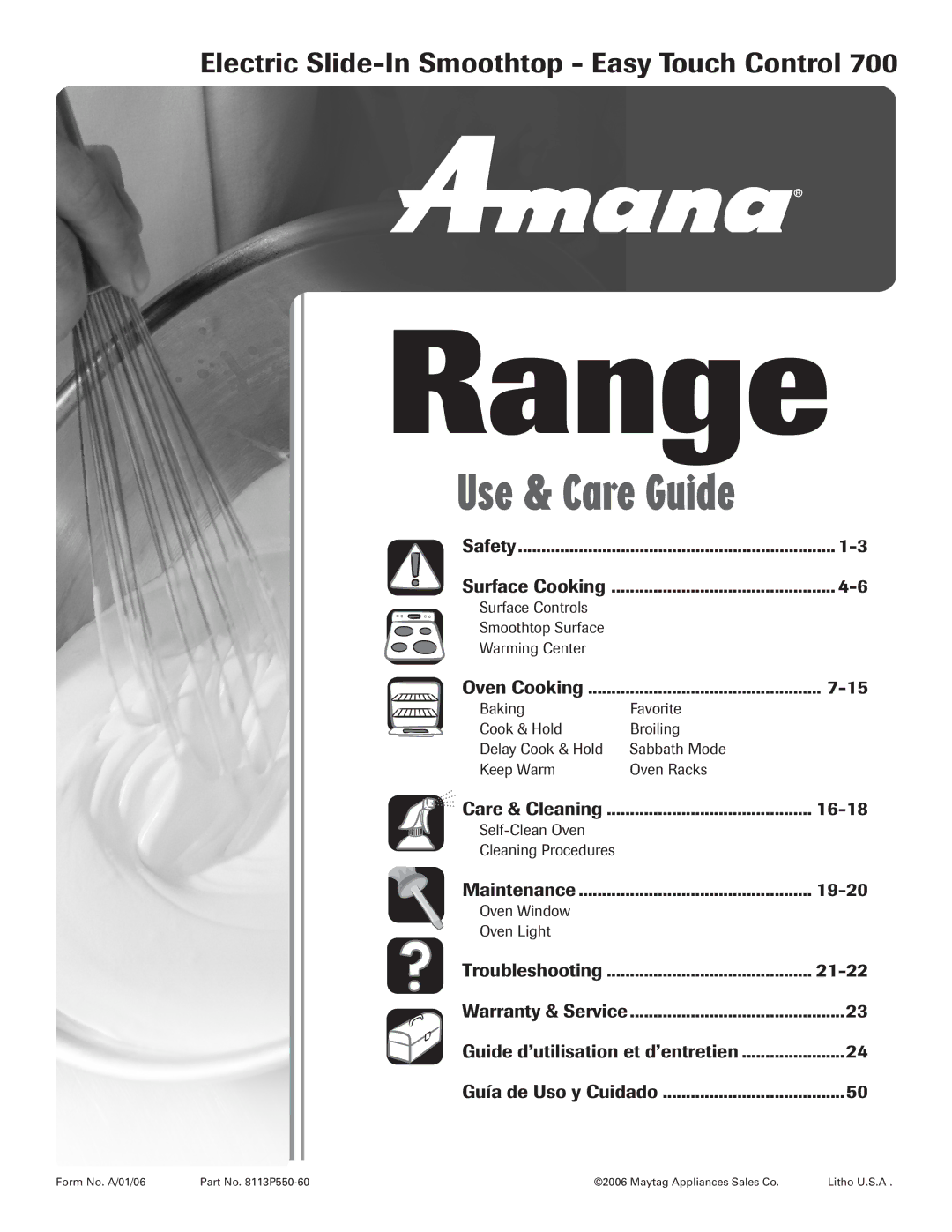 Amana 8113P550-60 manual Electric Slide-In Smoothtop Easy Touch Control, Oven Cooking, Care & Cleaning 16-18 