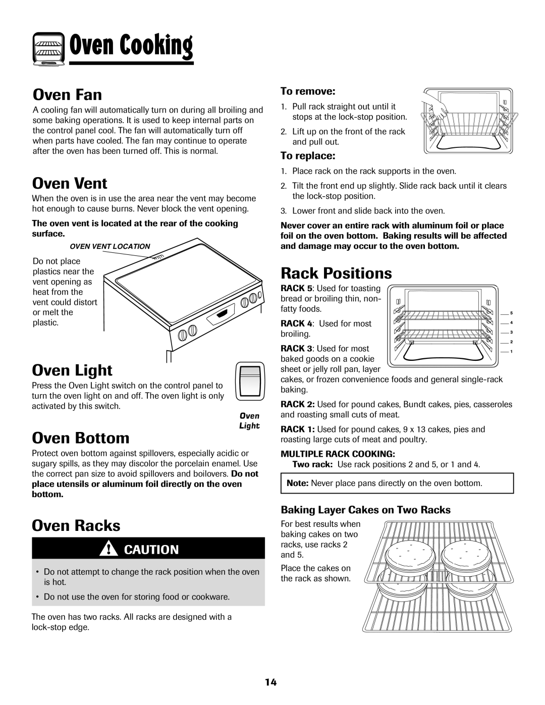 Amana 8113P550-60 manual Oven Fan, Oven Vent, Oven Light, Oven Bottom, Oven Racks, Rack Positions 