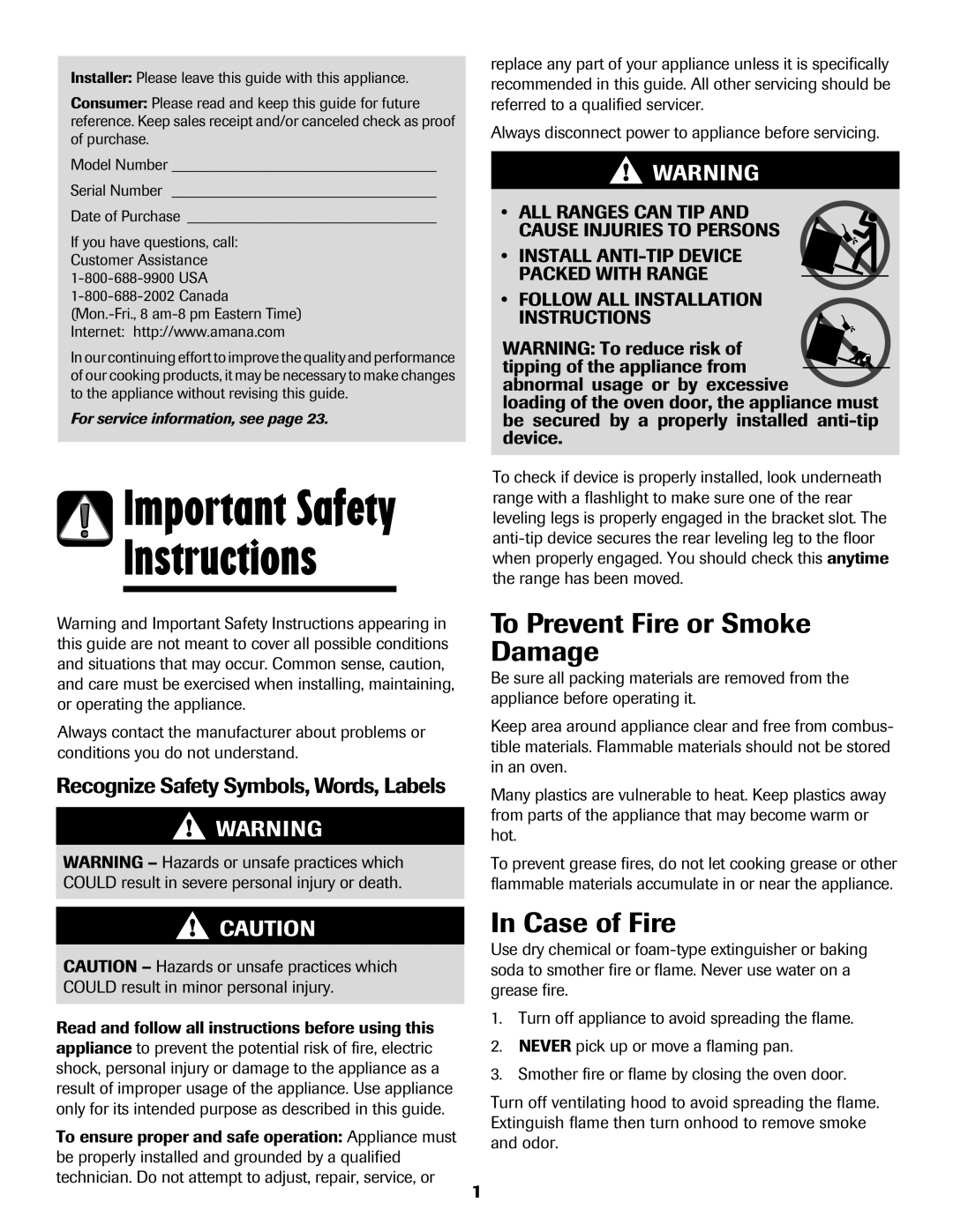 Amana 8113P550-60 Instructions, To Prevent Fire or Smoke Damage, Case of Fire, Recognize Safety Symbols, Words, Labels 