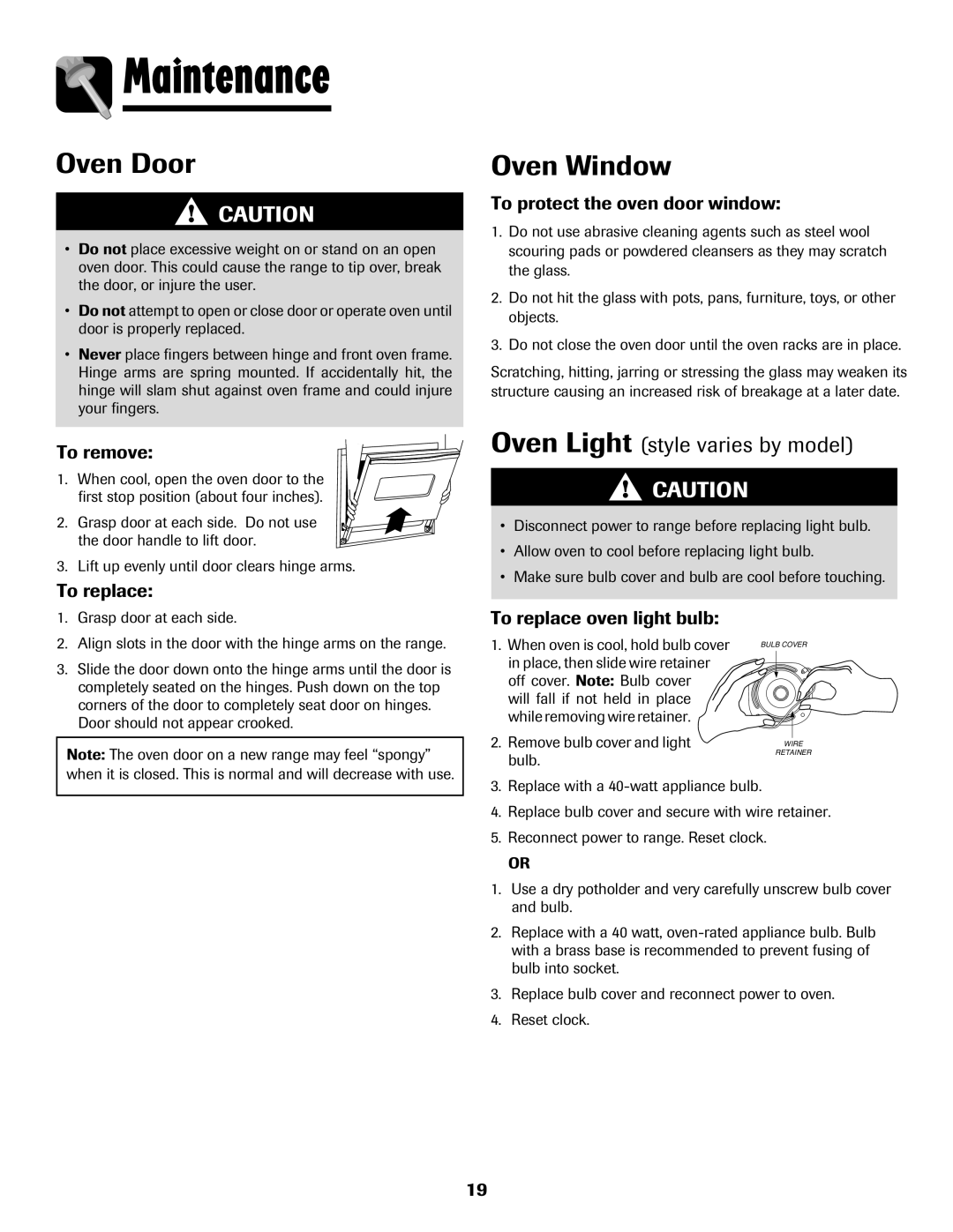 Amana 8113P550-60 manual Maintenance, Oven Door, Oven Window, Oven Light style varies by model 