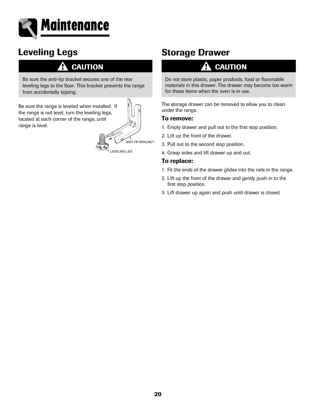 Amana 8113P550-60 manual Leveling Legs, Storage Drawer 