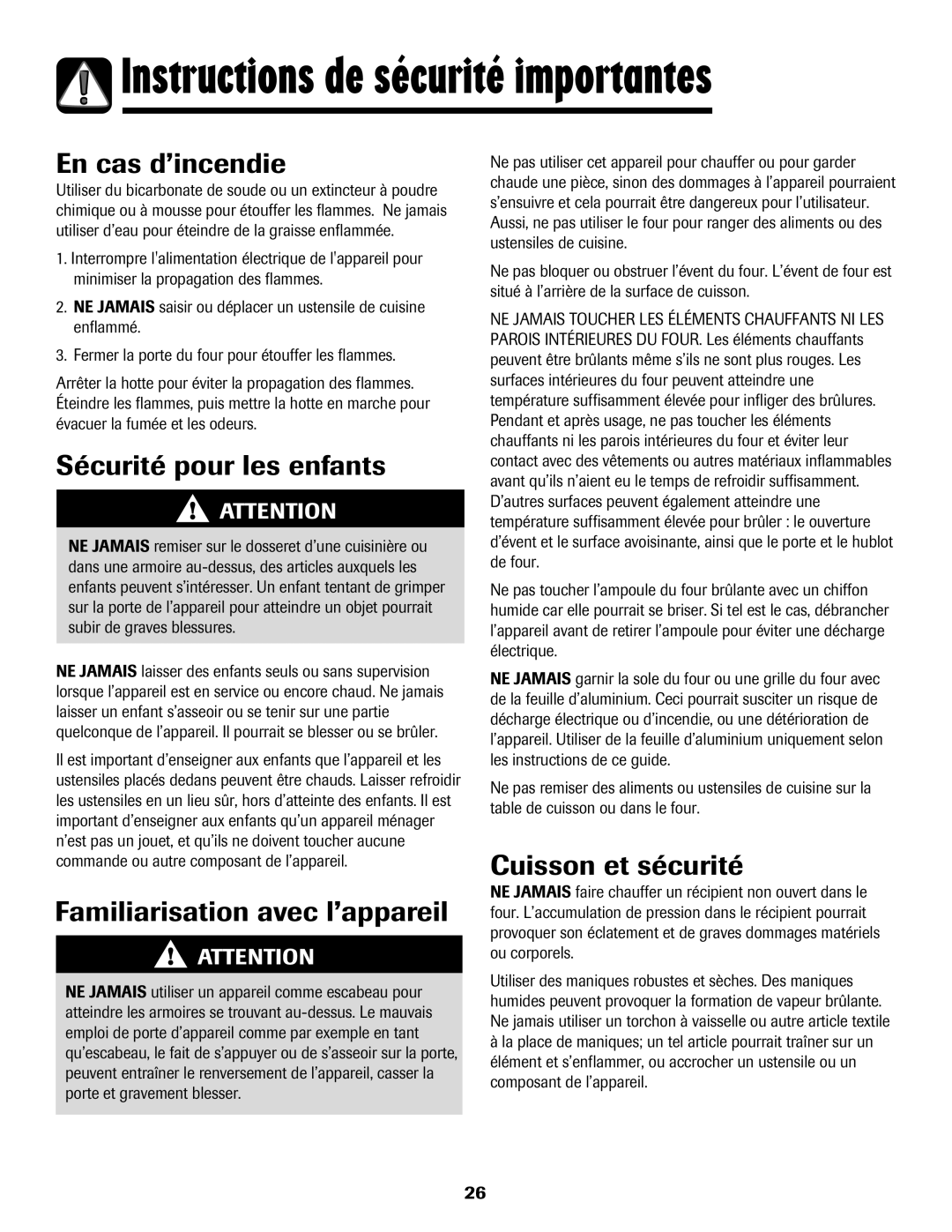 Amana 8113P550-60 manual En cas d’incendie, Sécurité pour les enfants, Familiarisation avec l’appareil, Cuisson et sécurité 