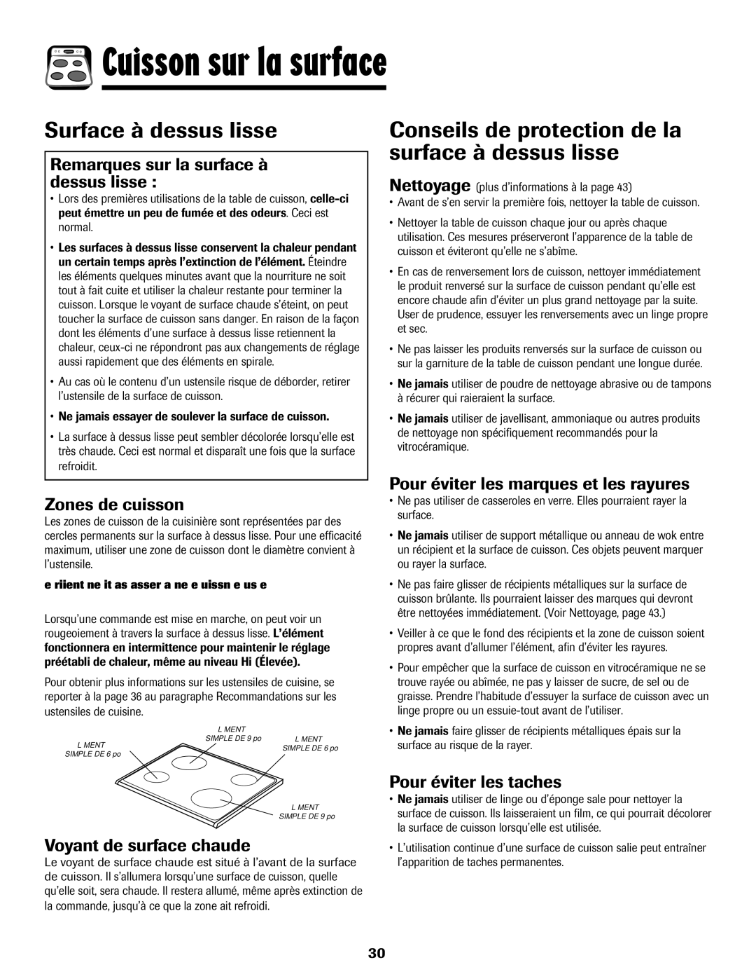 Amana 8113P550-60 manual Surface à dessus lisse, Conseils de protection de la surface à dessus lisse 