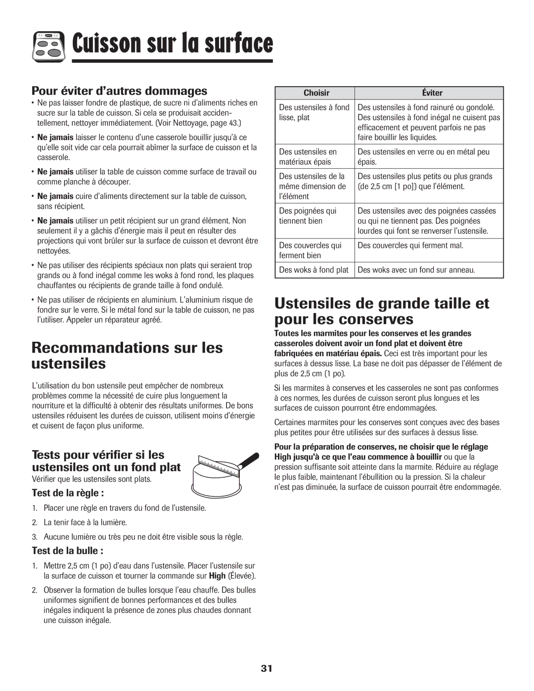 Amana 8113P550-60 manual Recommandations sur les ustensiles, Ustensiles de grande taille et pour les conserves 