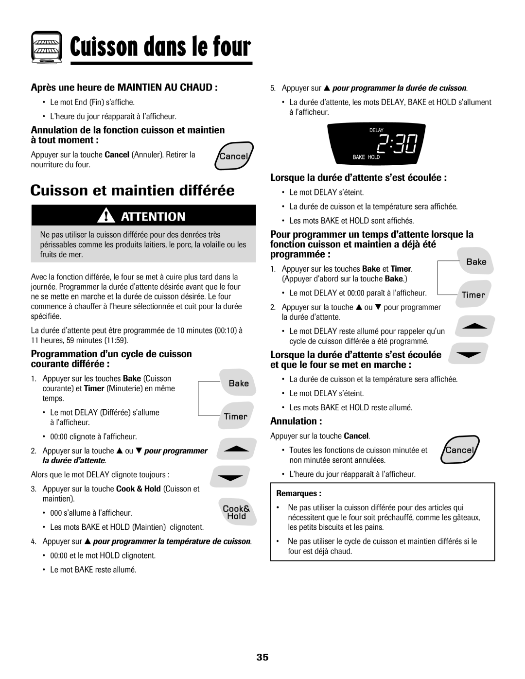 Amana 8113P550-60 manual Cuisson et maintien différée 