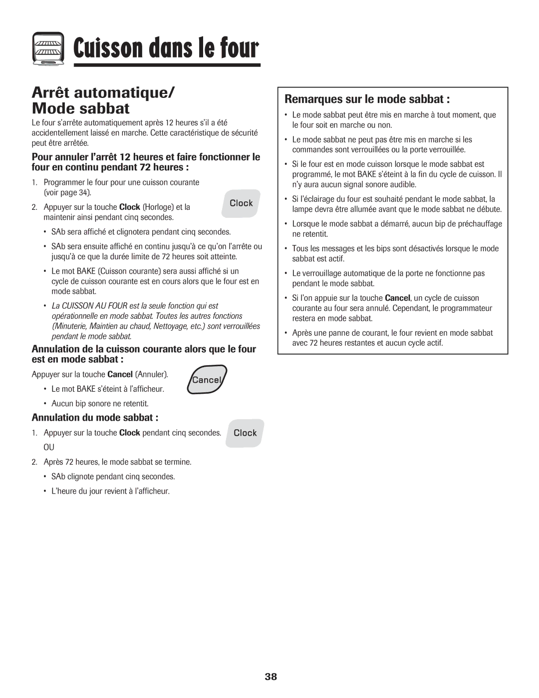 Amana 8113P550-60 manual Arrêt automatique Mode sabbat, Remarques sur le mode sabbat, Annulation du mode sabbat 