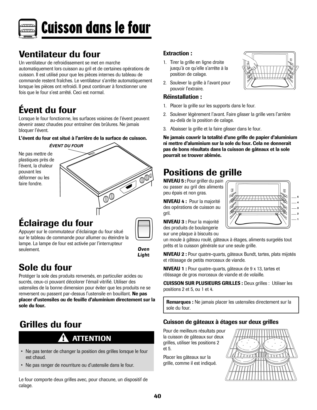 Amana 8113P550-60 manual Ventilateur du four, Évent du four, Éclairage du four, Sole du four, Positions de grille 