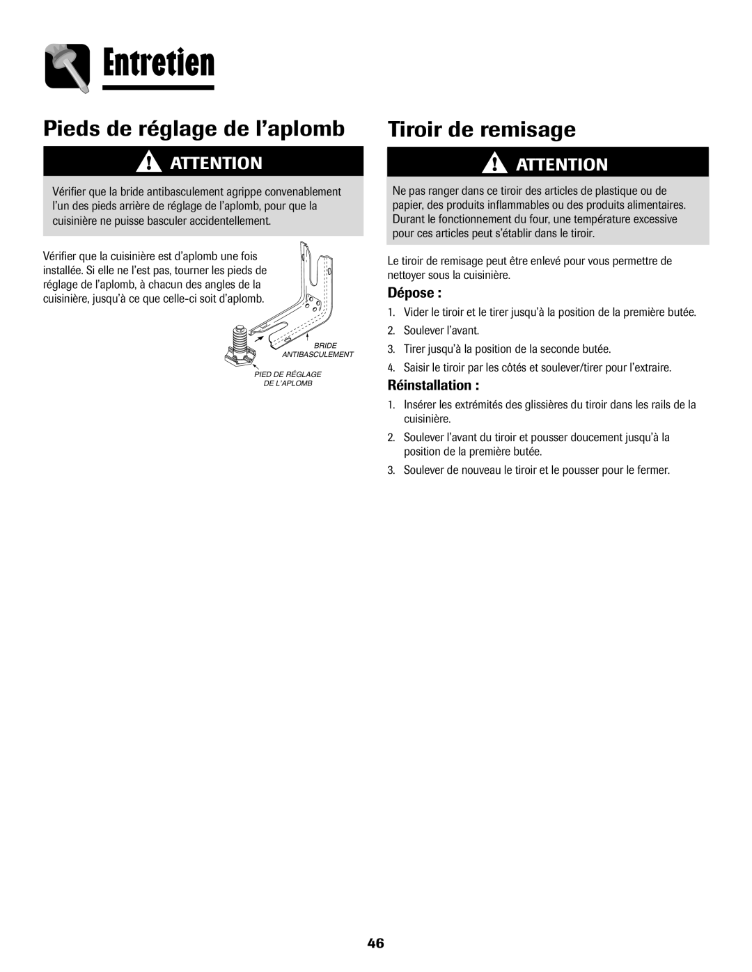 Amana 8113P550-60 manual Pieds de réglage de l’aplomb, Tiroir de remisage, Dépose 