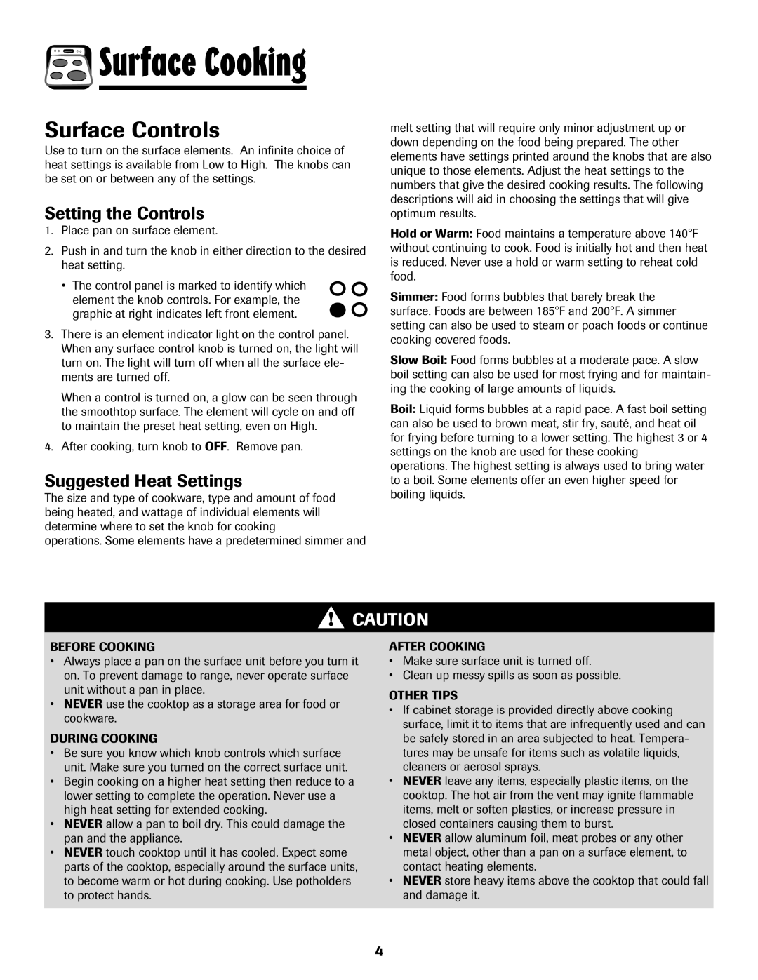 Amana 8113P550-60 manual Surface Controls, Setting the Controls, Suggested Heat Settings 