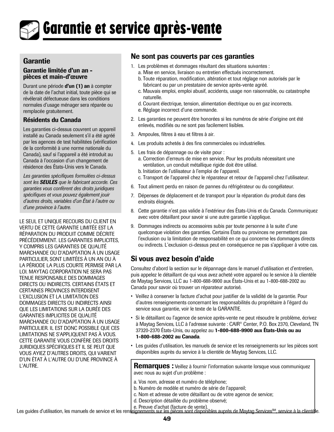 Amana 8113P550-60 manual Garantie et service après-vente, Garantie Ne sont pas couverts par ces garanties 