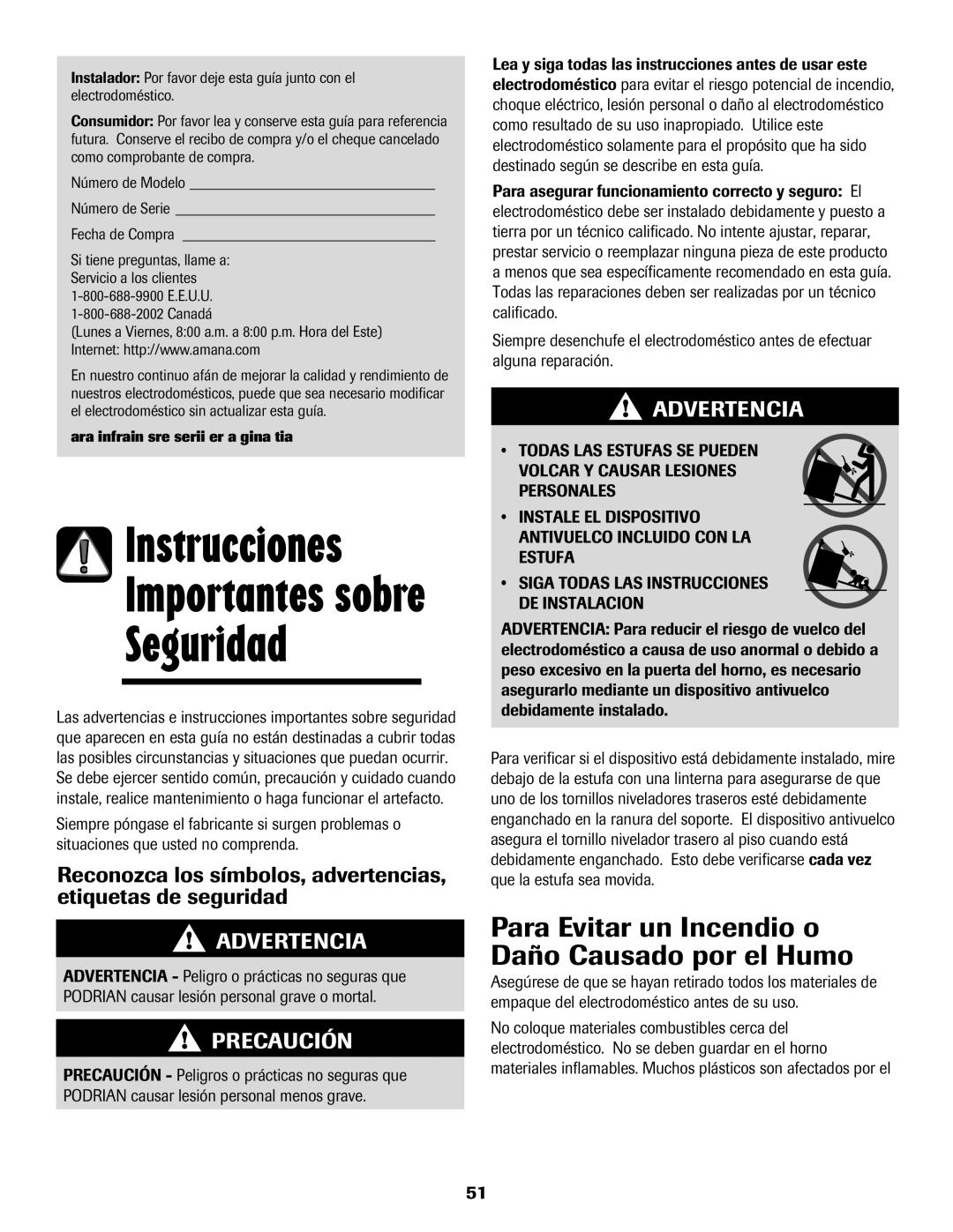 Amana 8113P550-60 manual Para Evitar un Incendio o Daño Causado por el Humo, Fecha de Compra, Canadá 