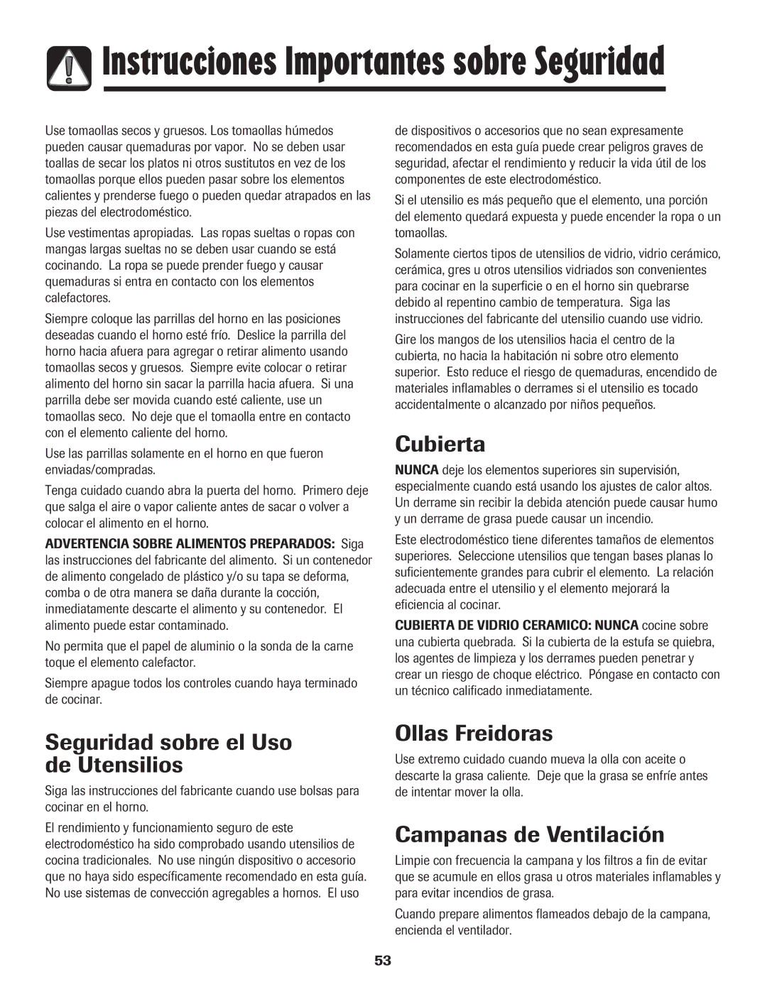 Amana 8113P550-60 manual Cubierta, Seguridad sobre el Uso de Utensilios, Ollas Freidoras, Campanas de Ventilación 