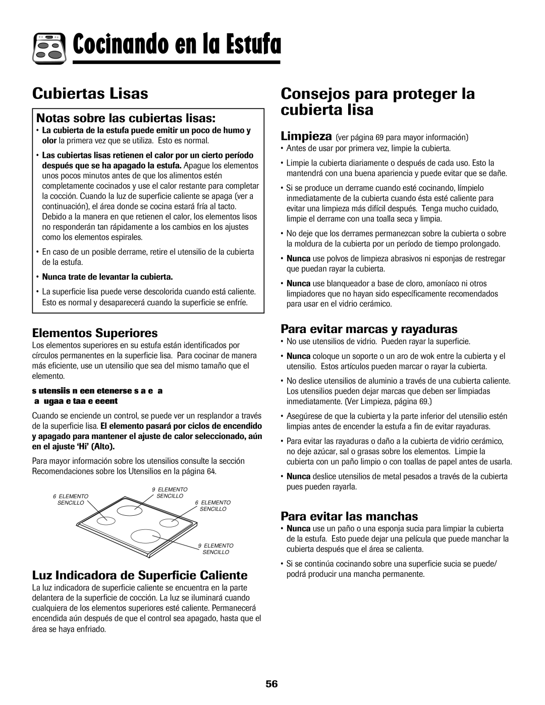 Amana 8113P550-60 manual Cubiertas Lisas, Consejos para proteger la cubierta lisa 