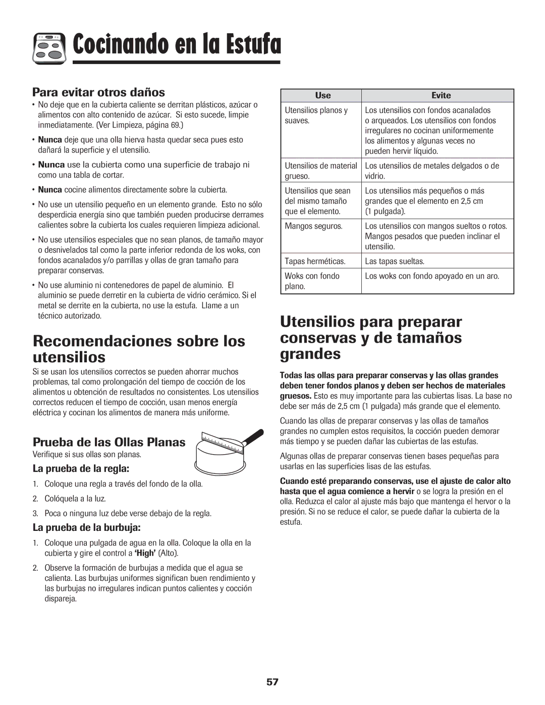 Amana 8113P550-60 manual Recomendaciones sobre los utensilios, Utensilios para preparar conservas y de tamaños grandes 